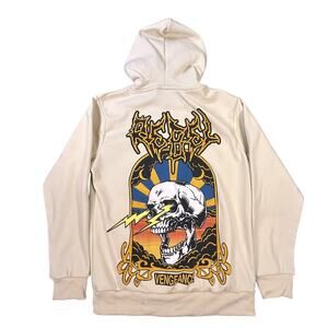Rebel Vengeance Hoodie Mens Small Beige Skull Graphic Pullover Streetwear New